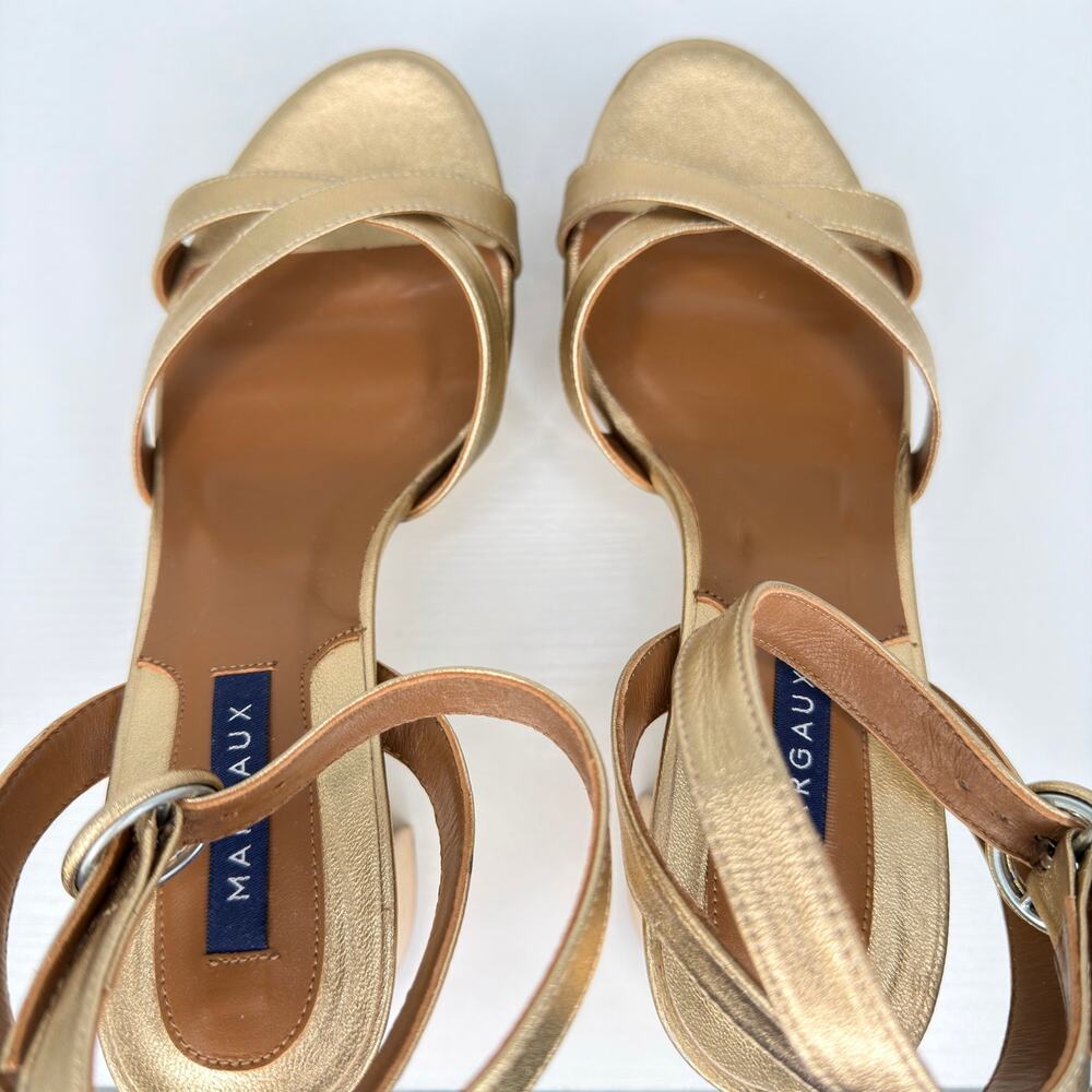 Margaux Gold Nappa Leather Platform Sandals Size 37.5 Block Heel Ankle Strap - Picture 12 of 16